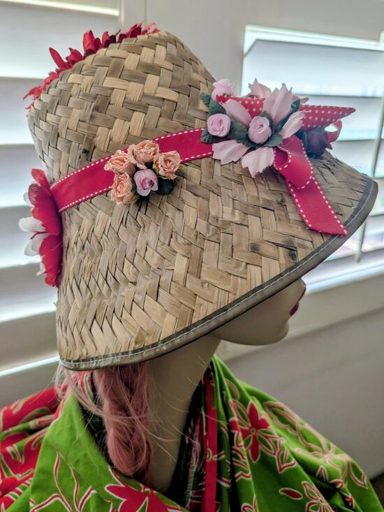 Vintage 1950\'s-60\'s Straw Floral Sun Hat-Tiki Hat-Flowers & Red Robbon Cute main image 7
